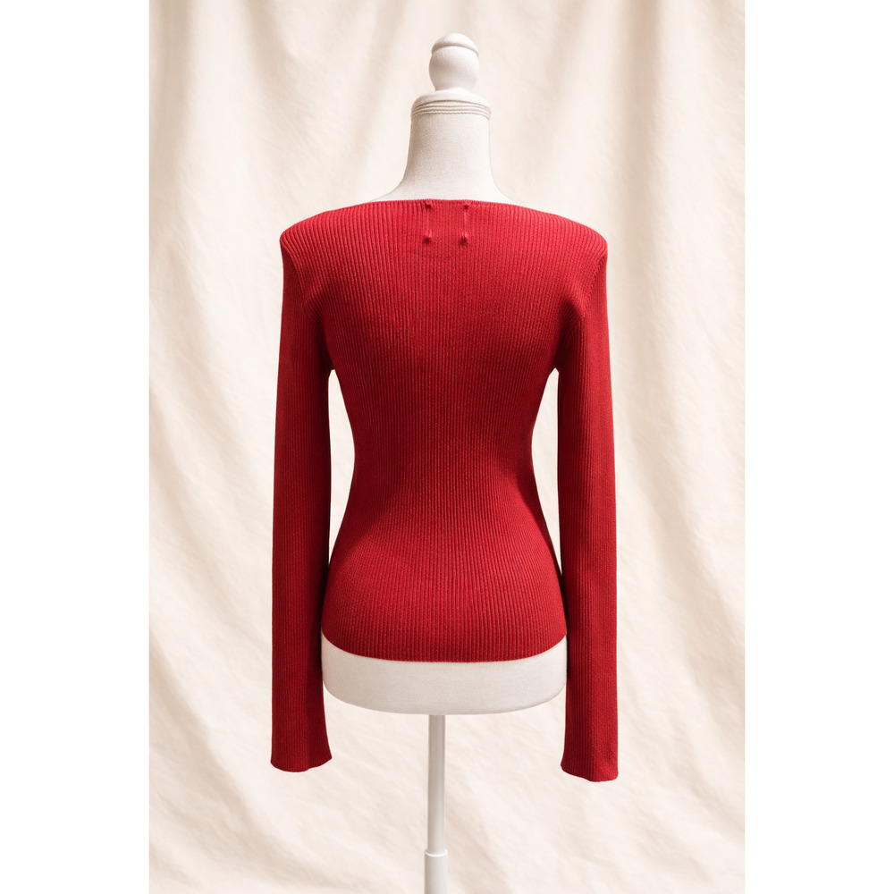 Pink Rose L Coquette Sweetheart Ribbed Top Red Fitted Soft Girl Stretch Sweater - Picture 2 of 11